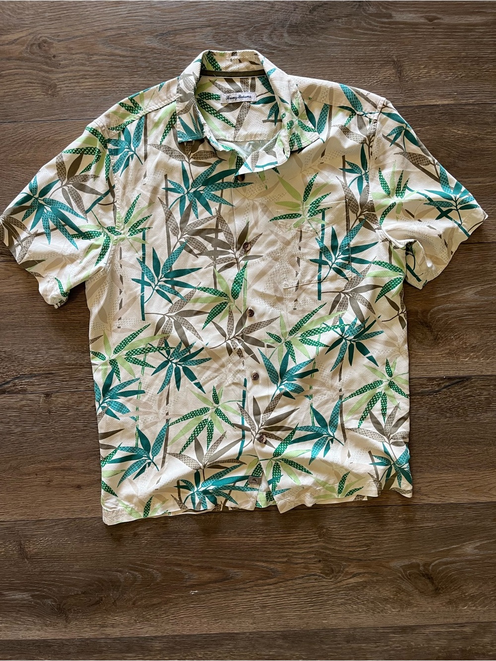 Tommy Bahama Hawaiian button up Cream palm Leaf resort 100% silk